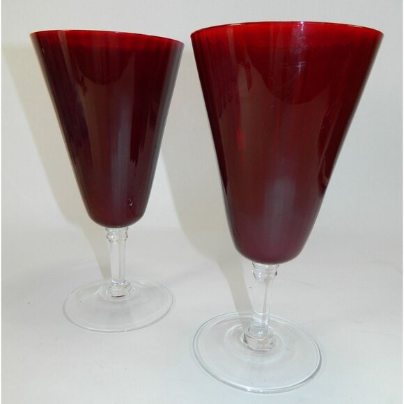 Pier 1 Ruby Red Pleated Wine Glass Wafer Stem 8" Optic Pleats Set Of 2 - Picture 2 of 12